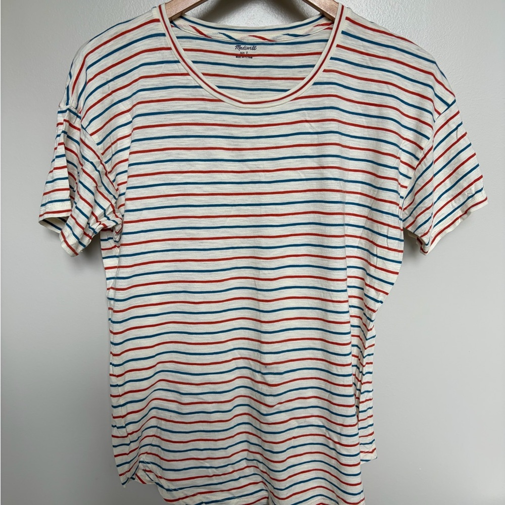 Madewell Cream Tee with Red and Blue Stripes